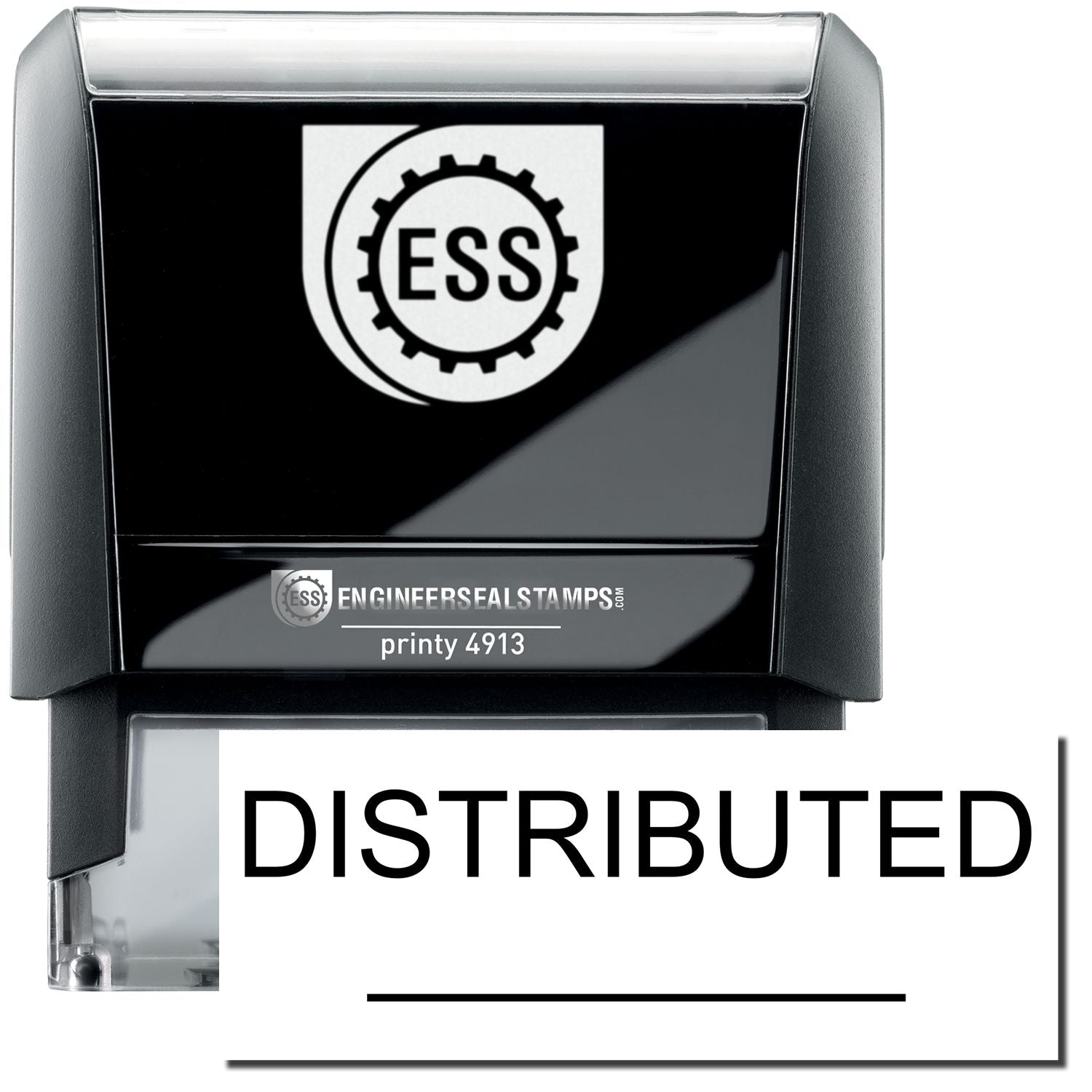 A self-inking stamp with a stamped image showing how the text "DISTRIBUTED" in a large bold font with a line is displayed by it.