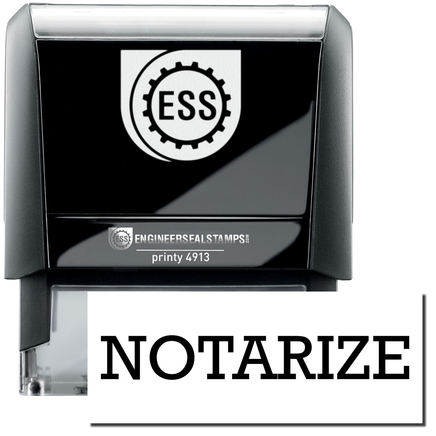 A self-inking stamp with a stamped image showing how the text NOTARIZE in a large bold font is displayed by it.