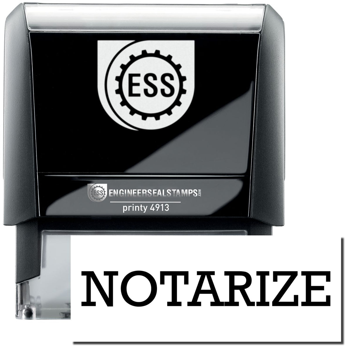 A self-inking stamp with a stamped image showing how the text &quot;NOTARIZE&quot; in a large bold font is displayed by it.