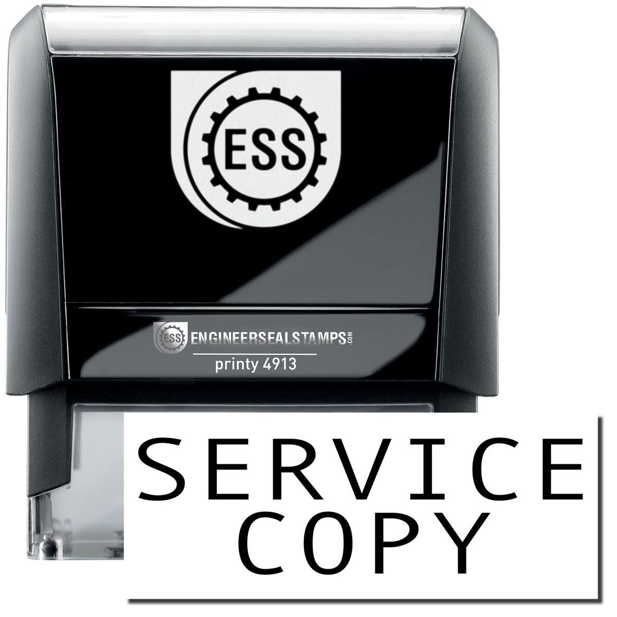 A self-inking stamp with a stamped image showing how the text &quot;SERVICE COPY&quot; in a large bold font is displayed by it.