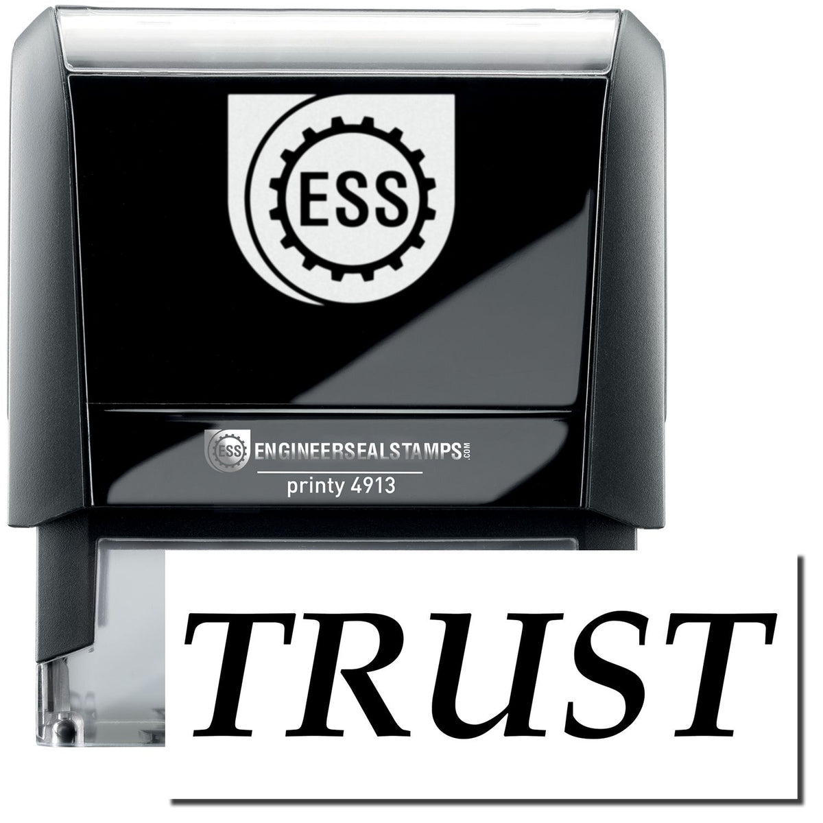 A self-inking stamp with a stamped image showing how the text &quot;TRUST&quot; in a large bold font is displayed by it.