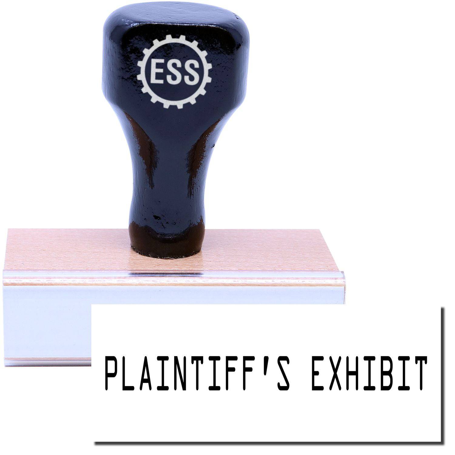 A stock office rubber stamp with a stamped image showing how the text PLAINTIFF'S EXHIBIT in a large font is displayed after stamping.