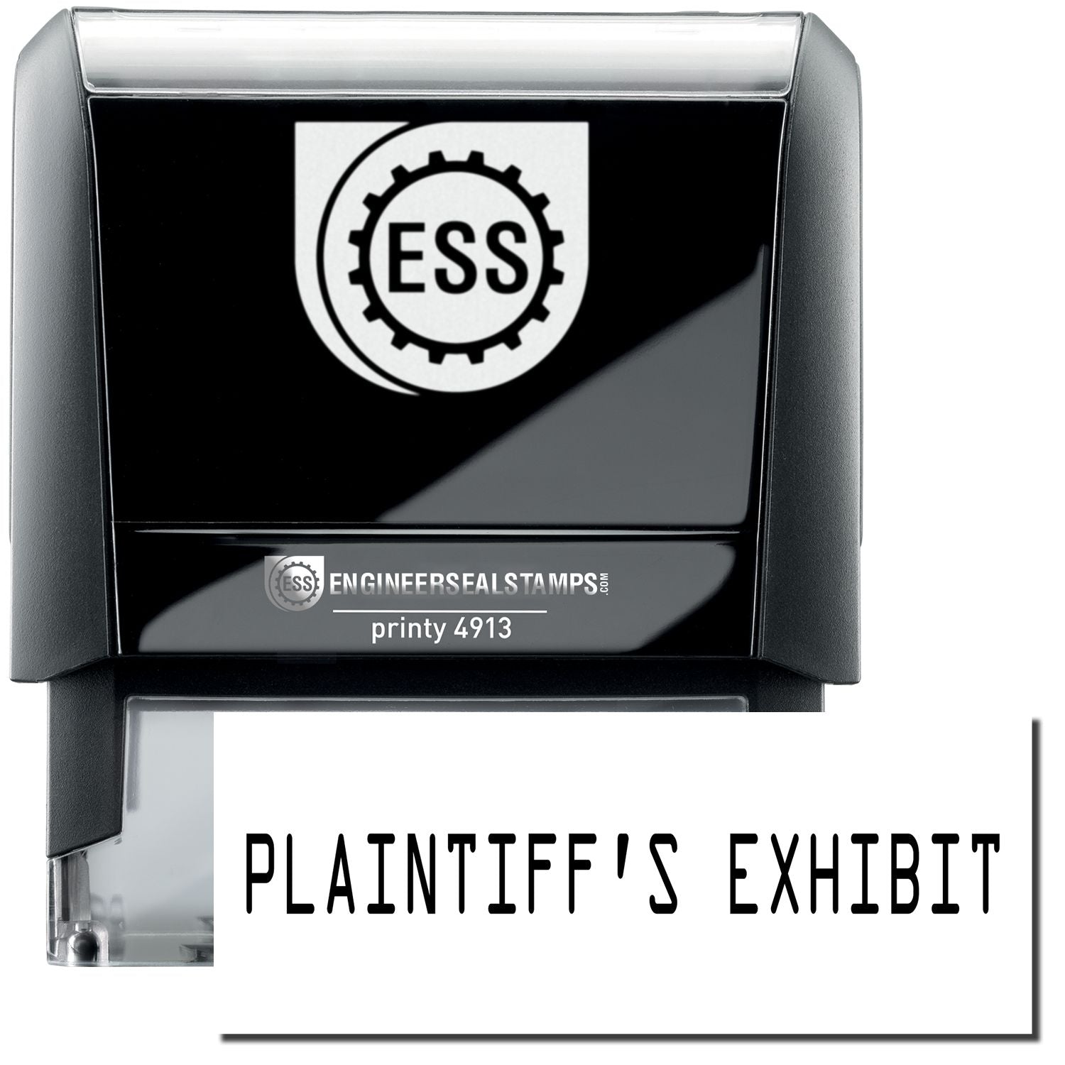 A self-inking stamp with a stamped image showing how the text PLAINTIFF'S EXHIBIT in a large bold font is displayed by it.