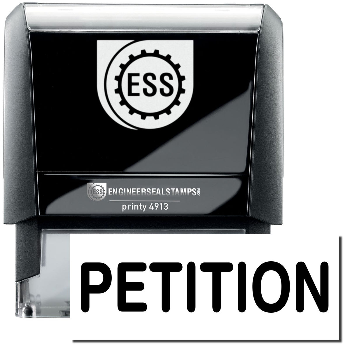A self-inking stamp with a stamped image showing how the text &quot;PETITION&quot; in a large bold font is displayed by it.