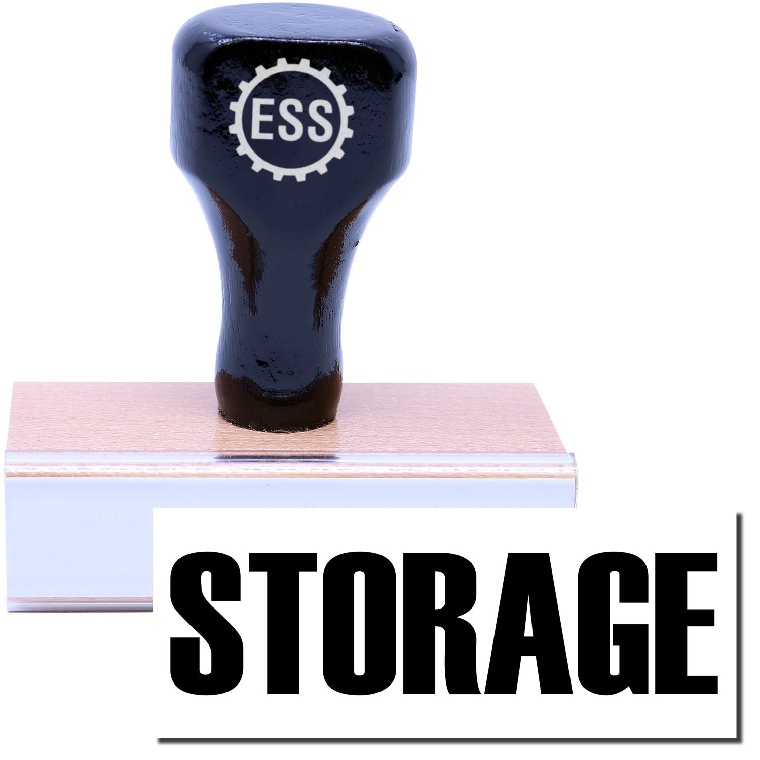 A stock office rubber stamp with a stamped image showing how the text "STORAGE" in a large font is displayed after stamping.