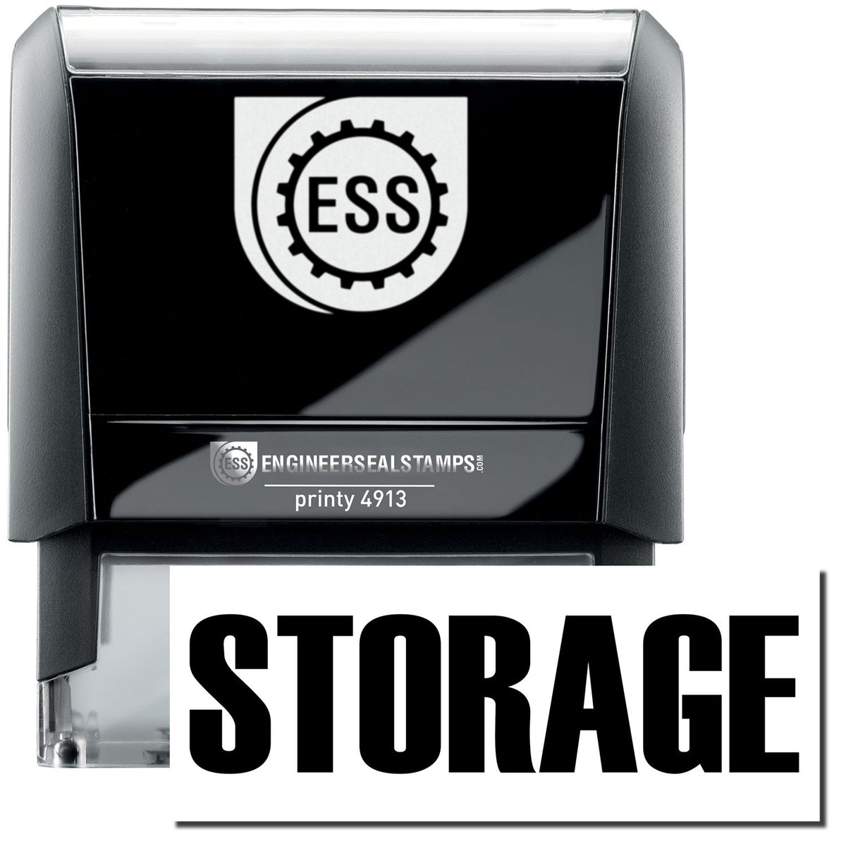 A self-inking stamp with a stamped image showing how the text &quot;STORAGE&quot; in a large bold font is displayed by it.