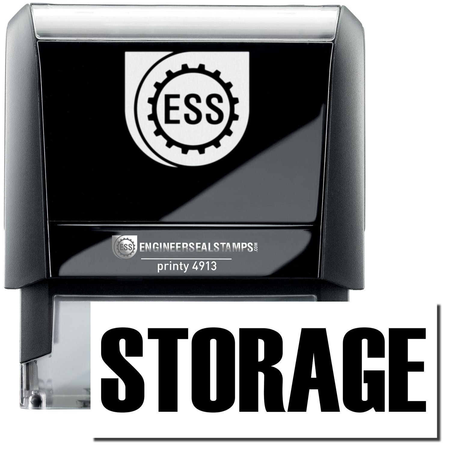 A self-inking stamp with a stamped image showing how the text "STORAGE" in a large bold font is displayed by it.