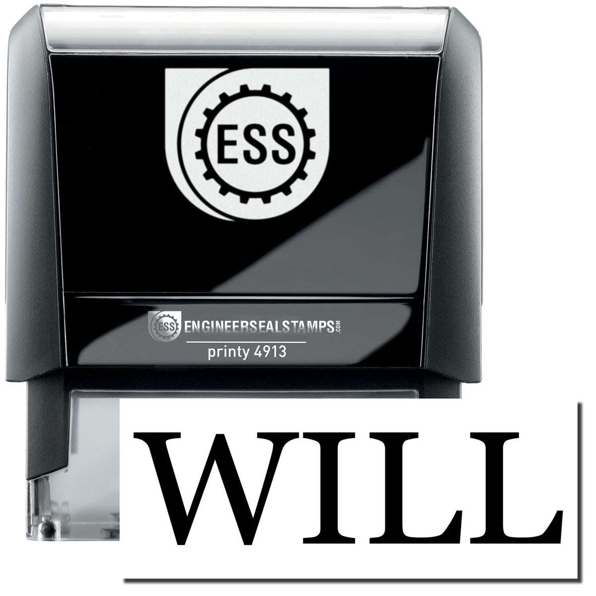A self-inking stamp with a stamped image showing how the text &quot;WILL&quot; in a large bold font is displayed by it.