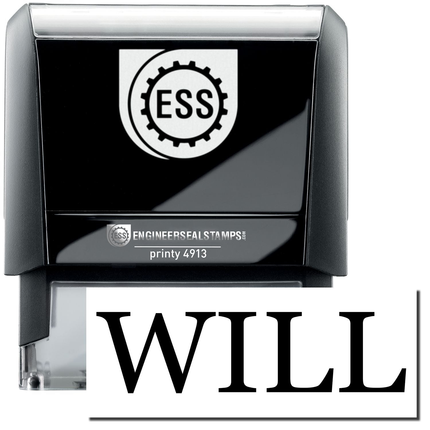 A self-inking stamp with a stamped image showing how the text "WILL" in a large bold font is displayed by it.