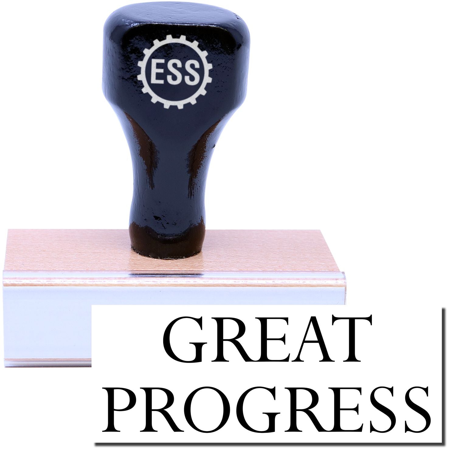 A stock office rubber stamp with a stamped image showing how the text GREAT PROGRESS in a large font is displayed after stamping.