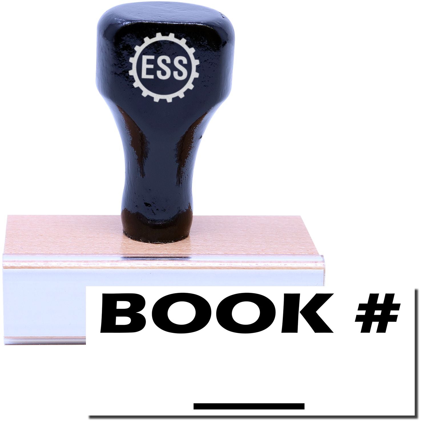 A stock office rubber stamp with a stamped image showing how the text BOOK # ____ in a large font is displayed after stamping.