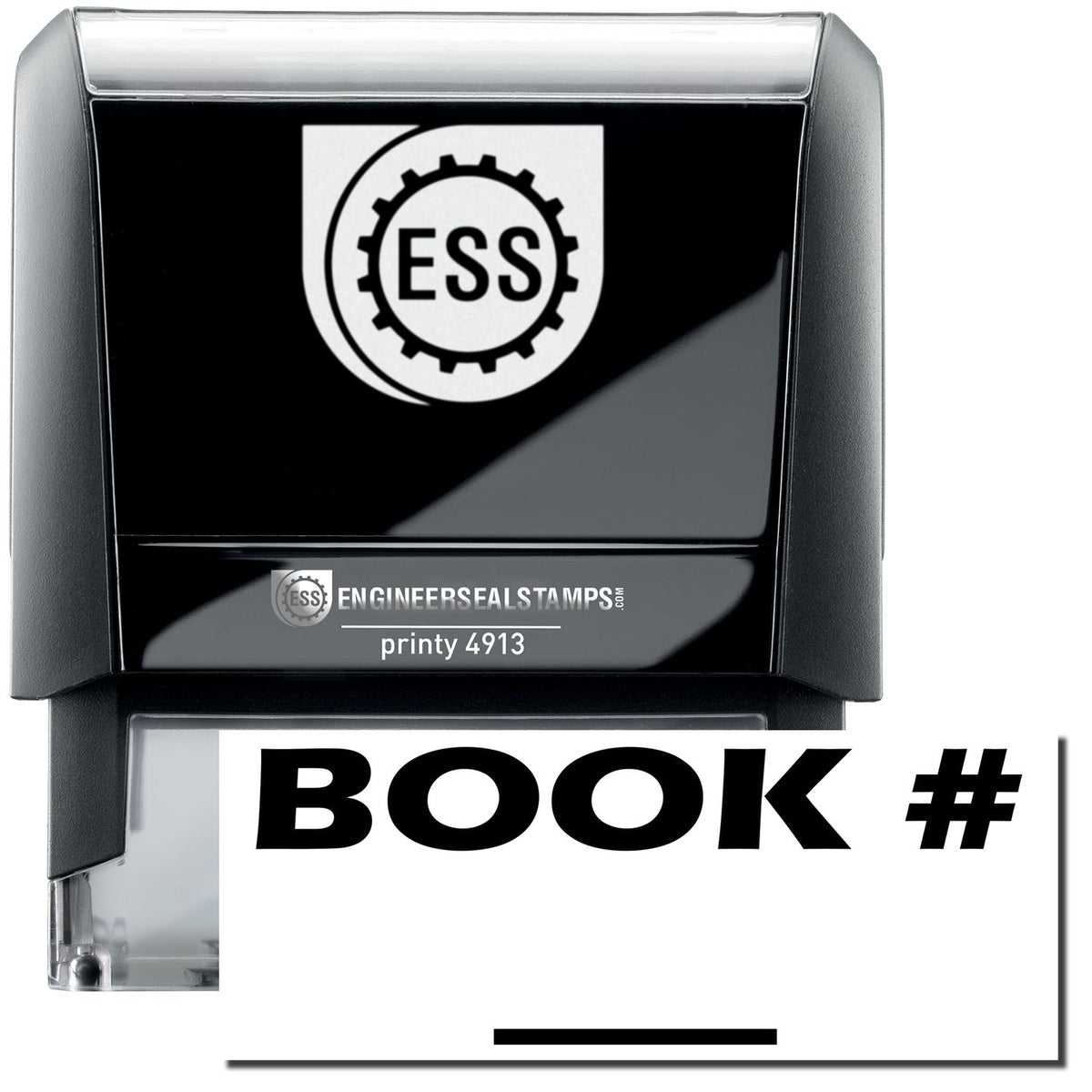 A self-inking stamp with a stamped image showing how the text &quot;BOOK # ____&quot; in a large bold font is displayed by it.