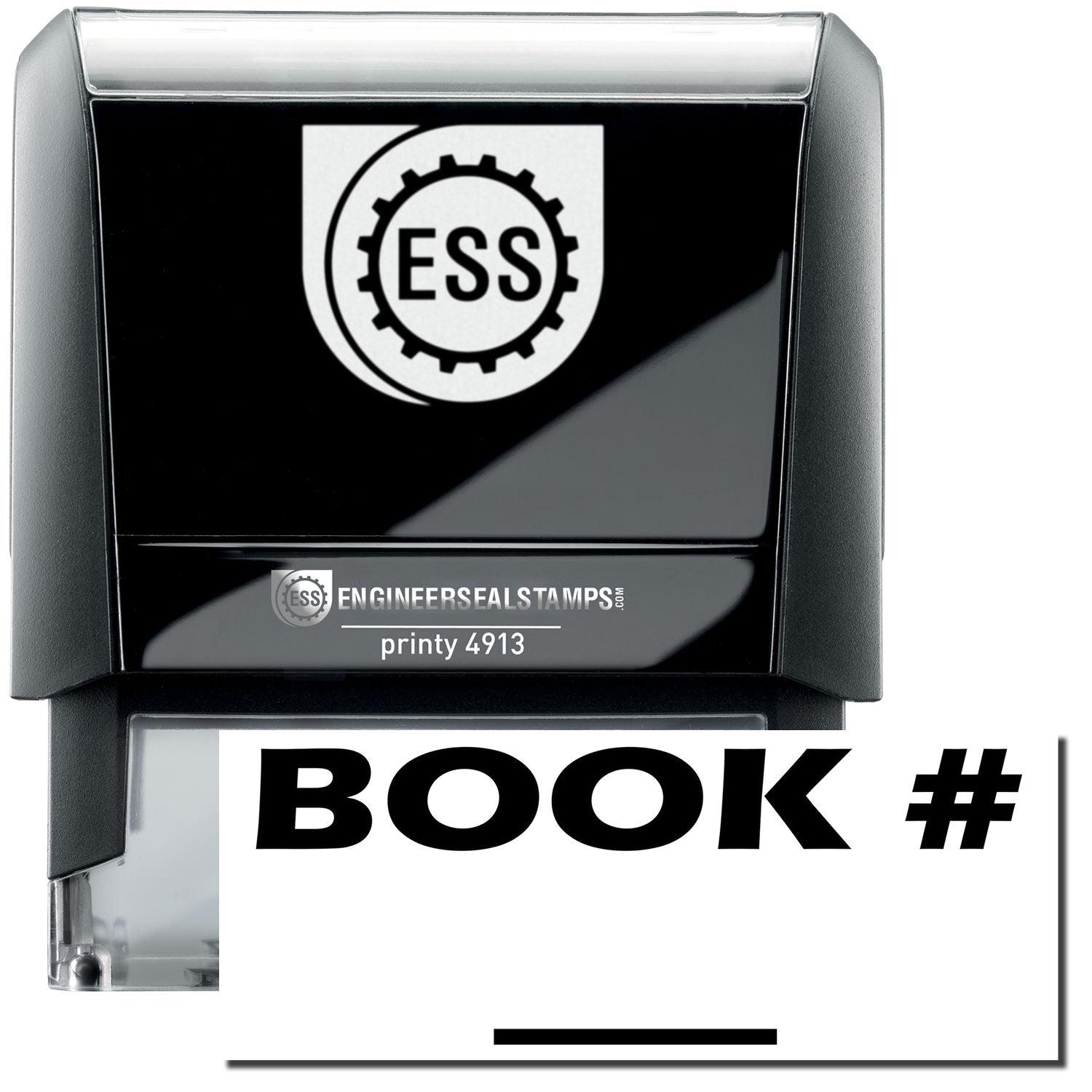 A self-inking stamp with a stamped image showing how the text "BOOK # ____" in a large bold font is displayed by it.