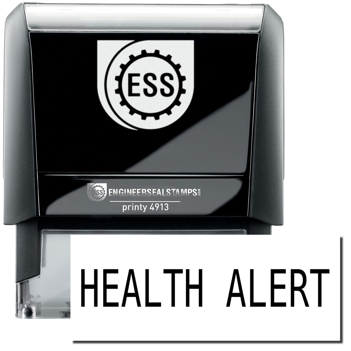 A self-inking stamp with a stamped image showing how the text &quot;HEALTH ALERT&quot; in a large bold font is displayed by it.