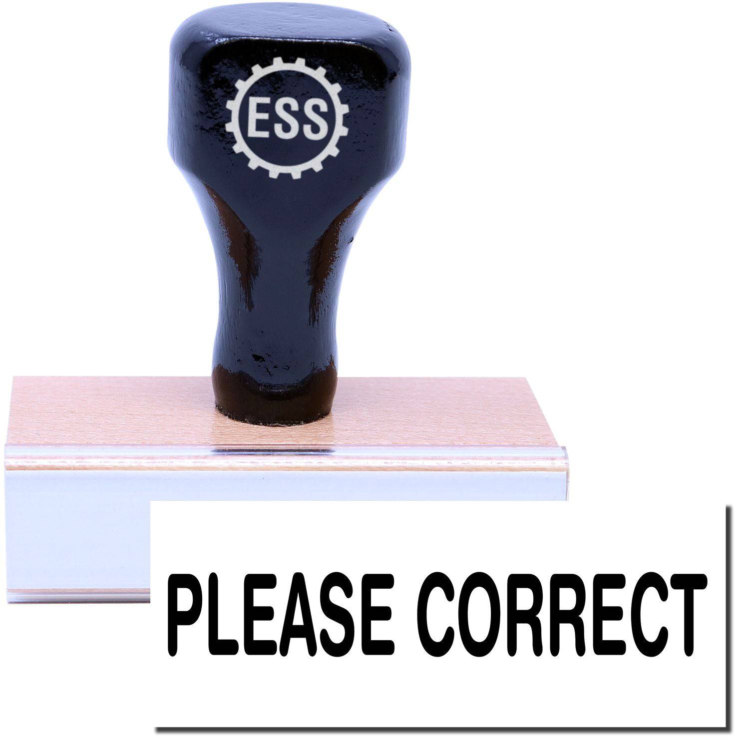 A stock office rubber stamp with a stamped image showing how the text PLEASE CORRECT in a large font is displayed after stamping.