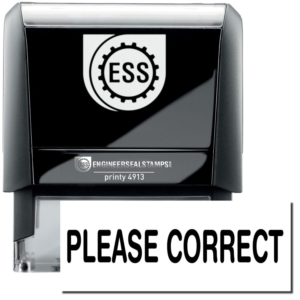 A self-inking stamp with a stamped image showing how the text &quot;PLEASE CORRECT&quot; in a large bold font is displayed by it.