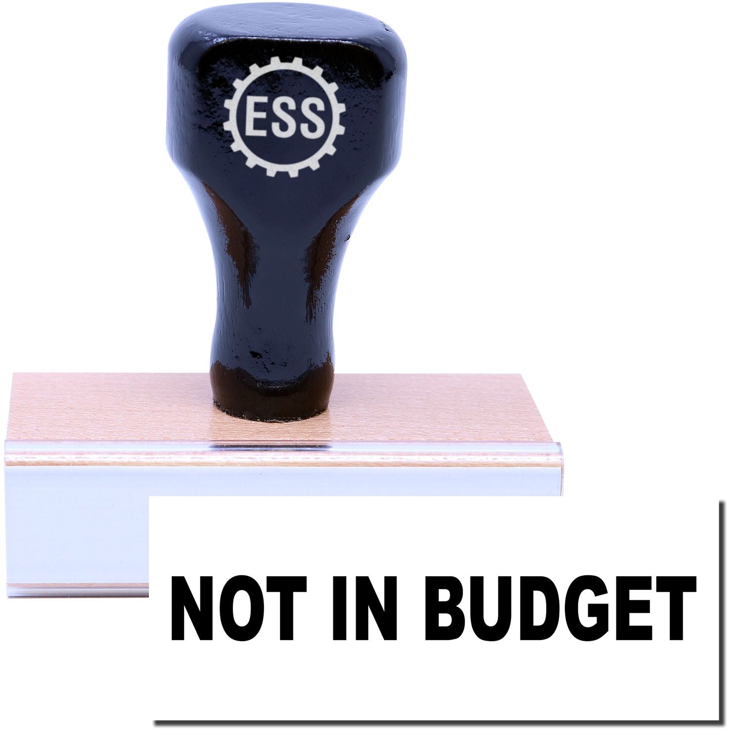 A stock office rubber stamp with a stamped image showing how the text NOT IN BUDGET in a large font is displayed after stamping.