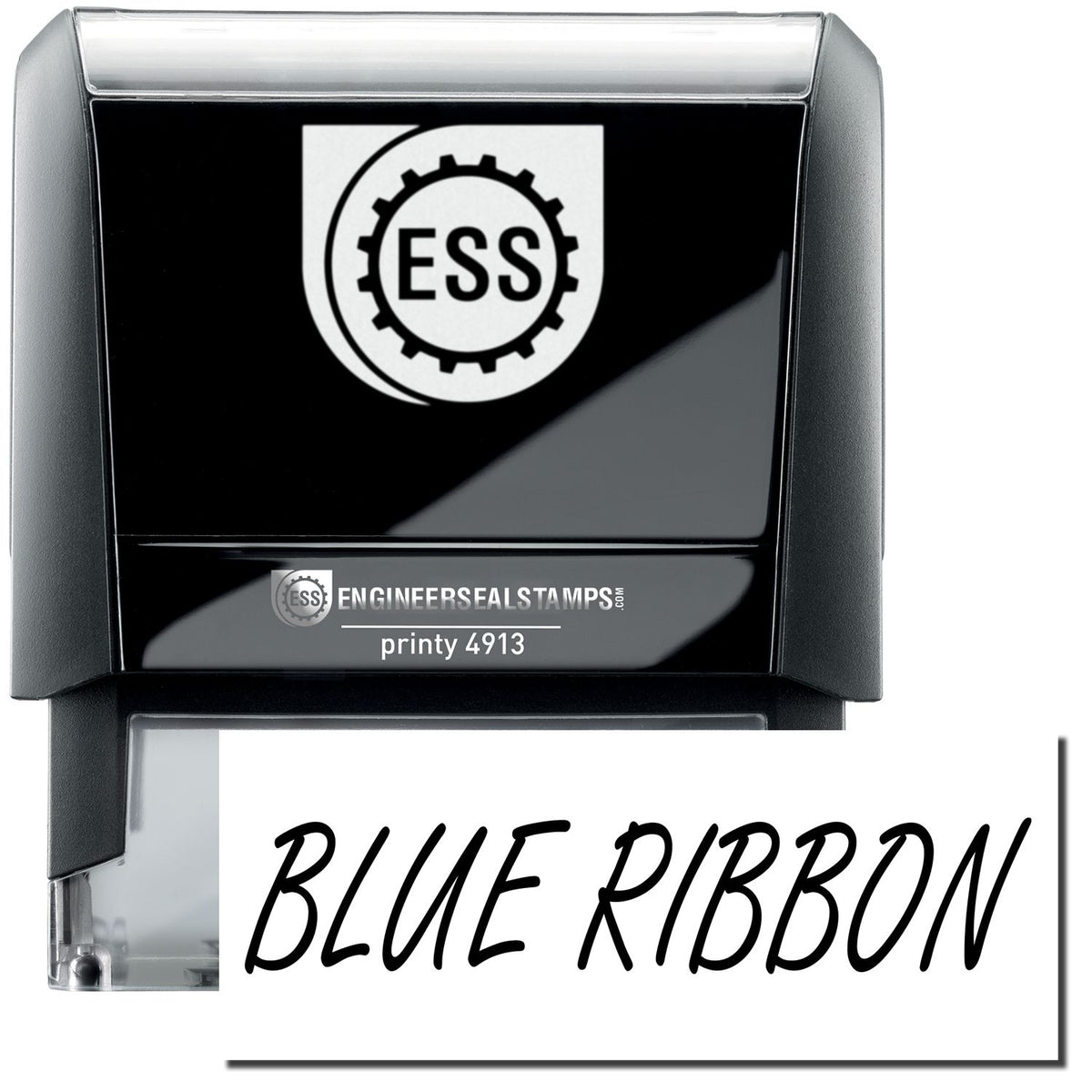 A self-inking stamp with a stamped image showing how the text &quot;BLUE RIBBON&quot; in an italic large bold font is displayed by it.