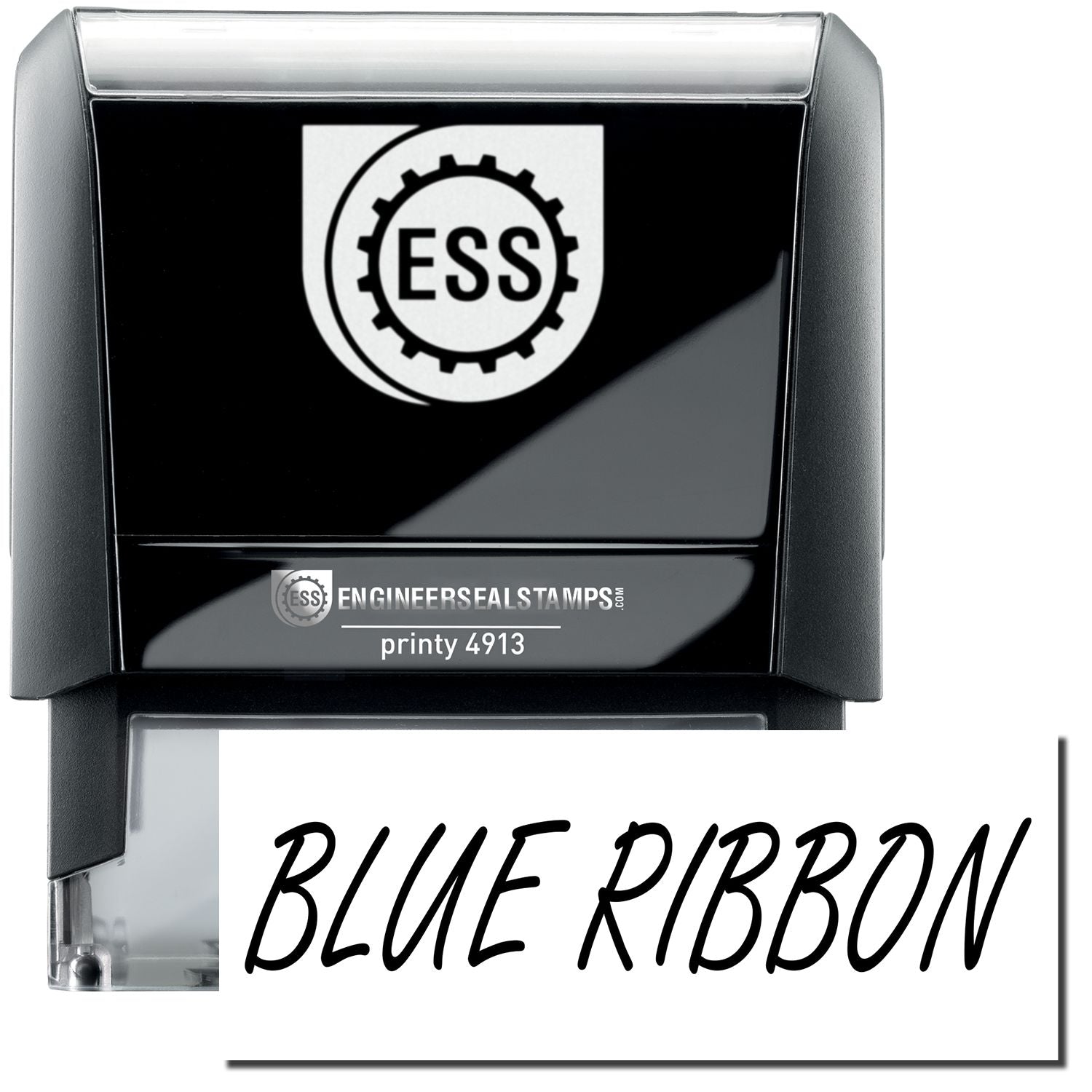 A self-inking stamp with a stamped image showing how the text "BLUE RIBBON" in an italic large bold font is displayed by it.