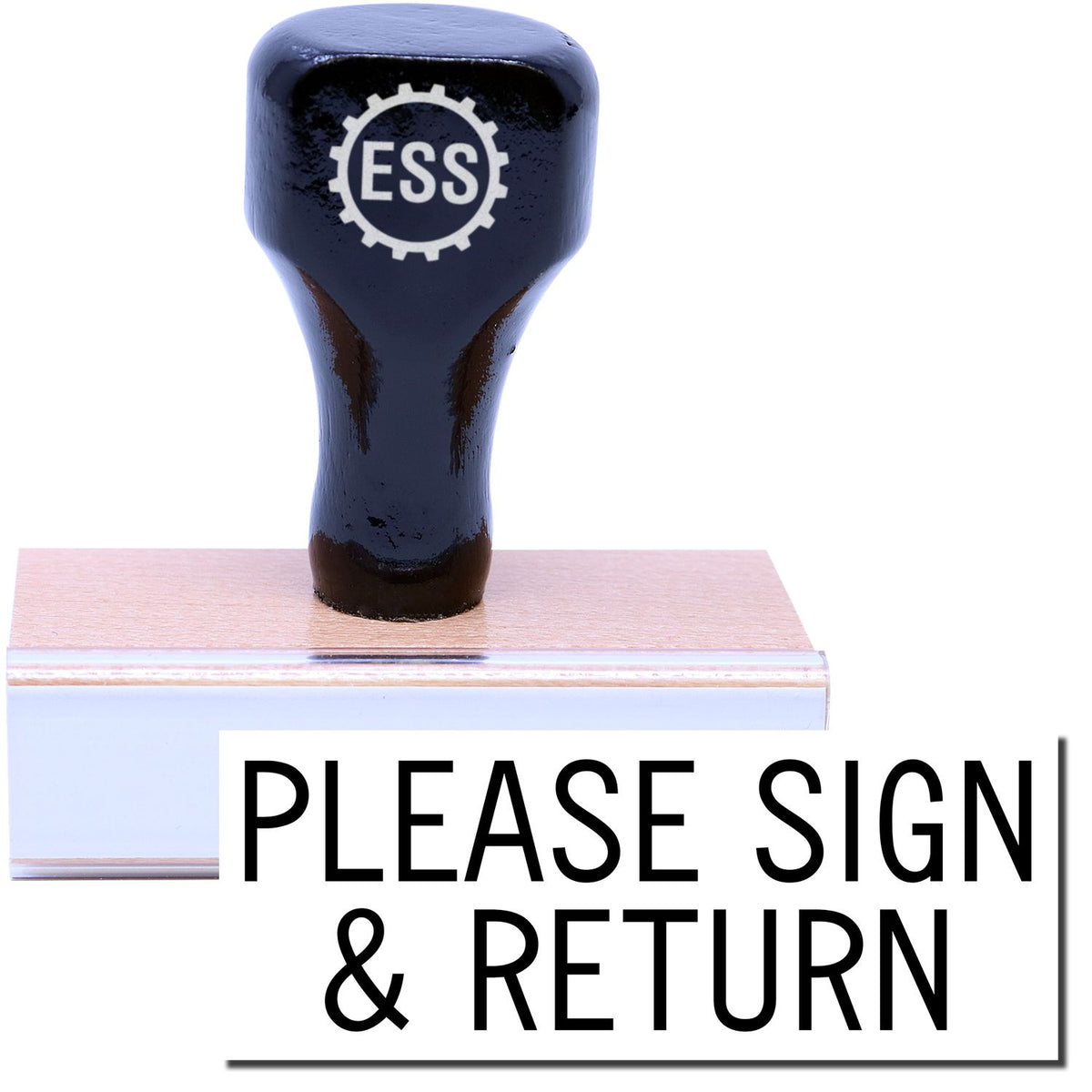 A stock office rubber stamp with a stamped image showing how the text &quot;PLEASE SIGN &amp; RETURN&quot; in a large font is displayed after stamping.