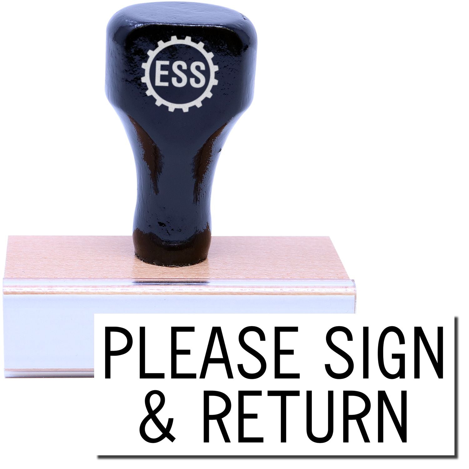A stock office rubber stamp with a stamped image showing how the text "PLEASE SIGN & RETURN" in a large font is displayed after stamping.