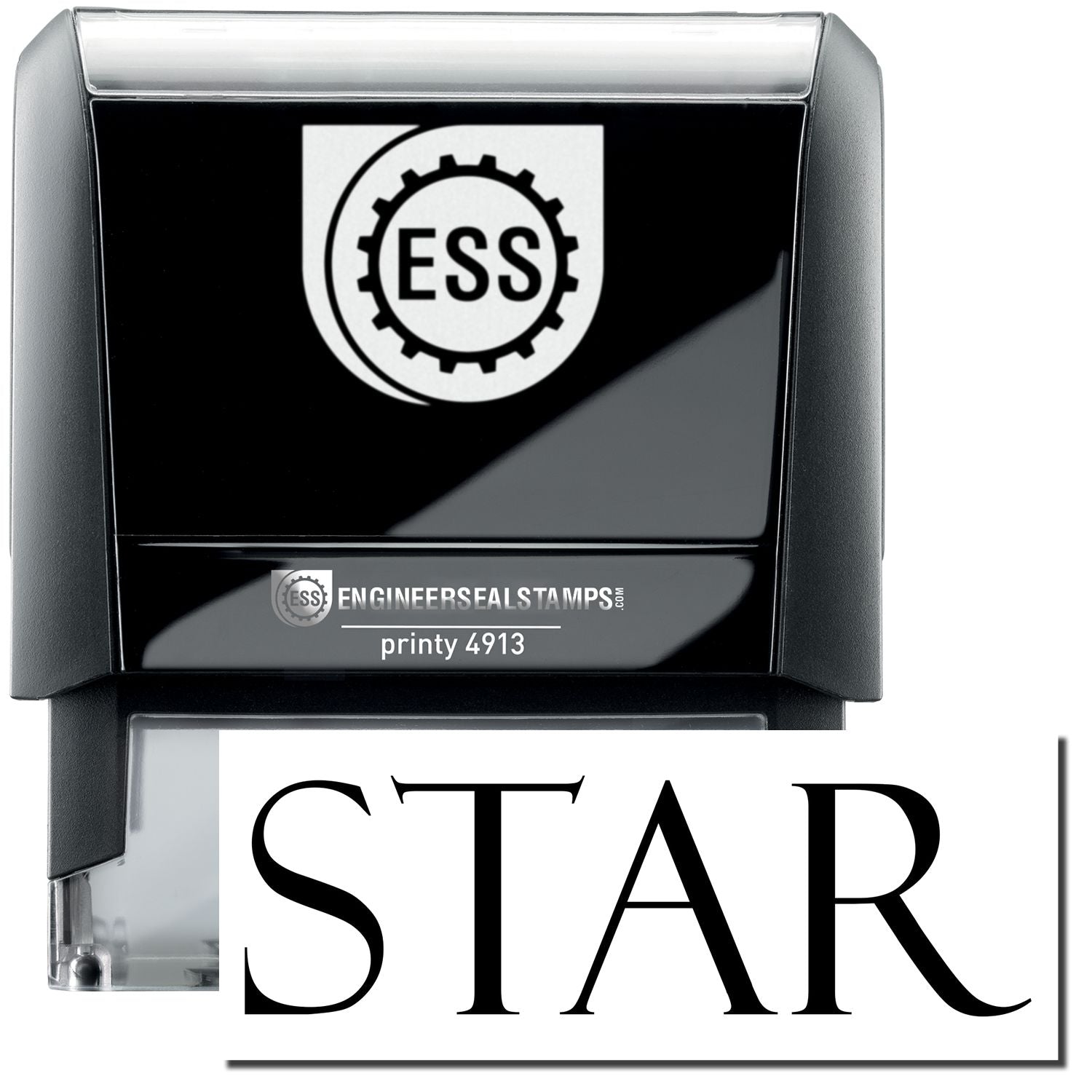 A self-inking stamp with a stamped image showing how the text STAR in a large bold font is displayed by it.