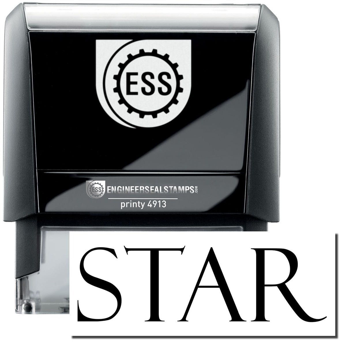 A self-inking stamp with a stamped image showing how the text &quot;STAR&quot; in a large bold font is displayed by it.