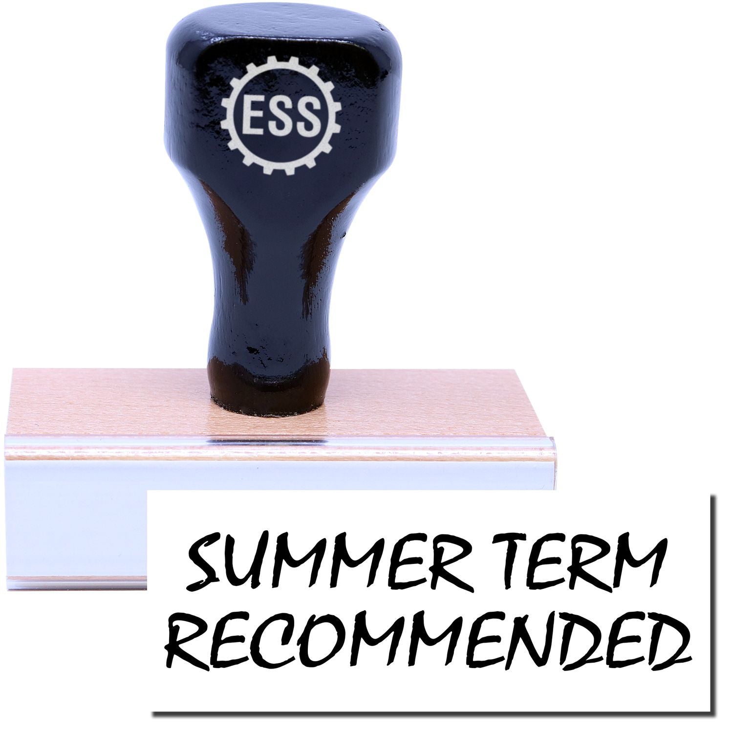 A stock office rubber stamp with a stamped image showing how the text SUMMER TERM RECOMMENDED in a large font is displayed after stamping.