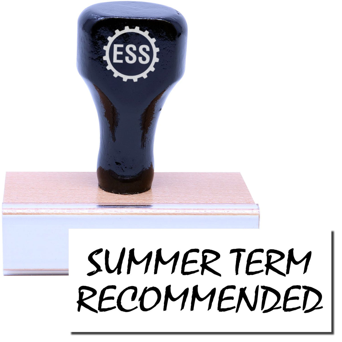 A stock office rubber stamp with a stamped image showing how the text &quot;SUMMER TERM RECOMMENDED&quot; in a large font is displayed after stamping.