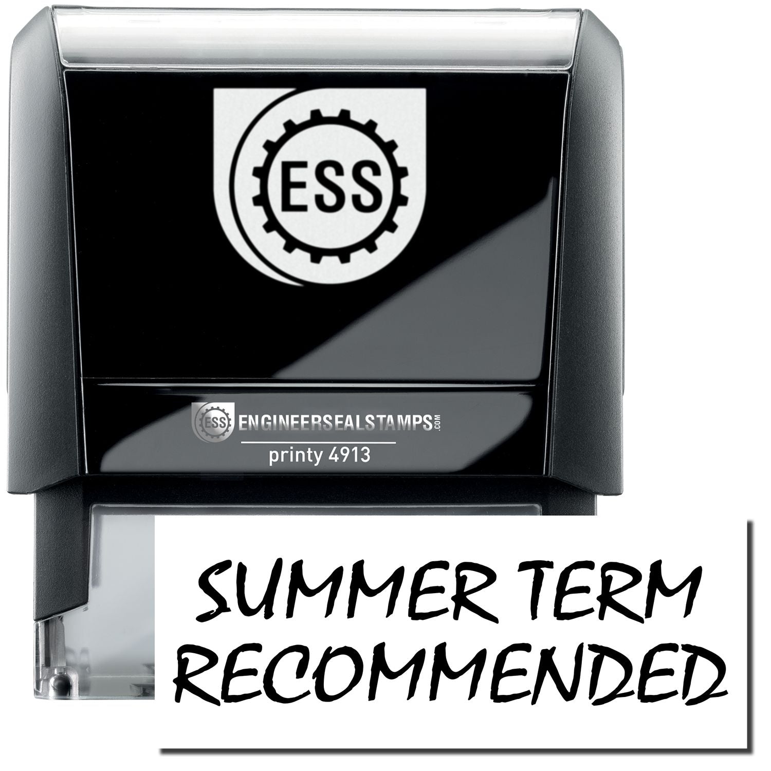 A self-inking stamp with a stamped image showing how the text SUMMER TERM RECOMMENDED in a large bold font is displayed by it.