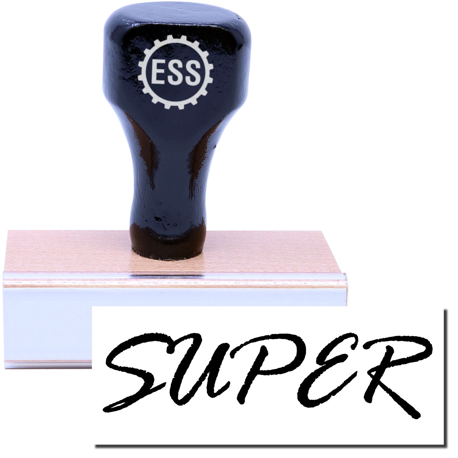 A stock office rubber stamp with a stamped image showing how the text SUPER in a large font is displayed after stamping.