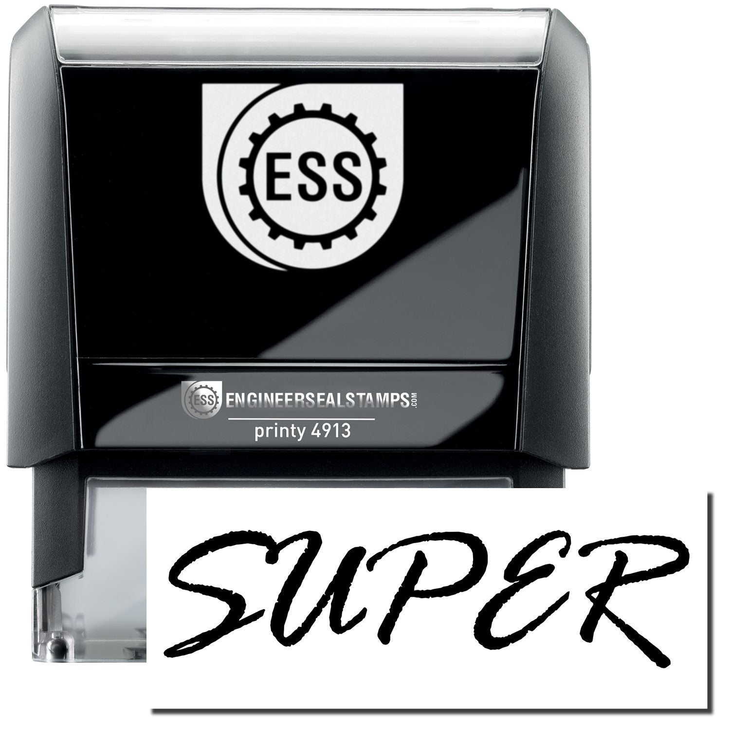 A self-inking stamp with a stamped image showing how the text SUPER in a large cursive font is displayed by it.