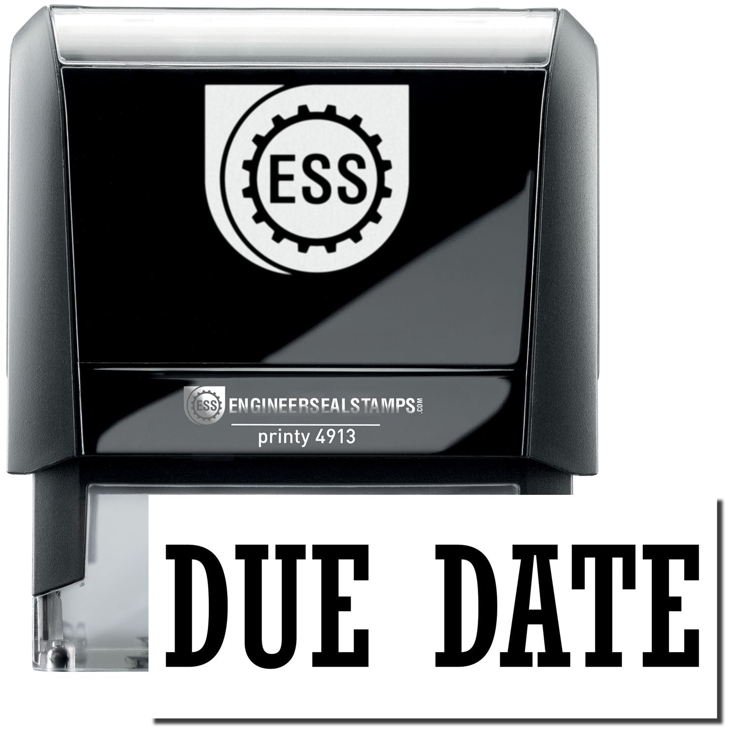 A self-inking stamp with a stamped image showing how the text "DUE DATE" in a large bold font is displayed by it.