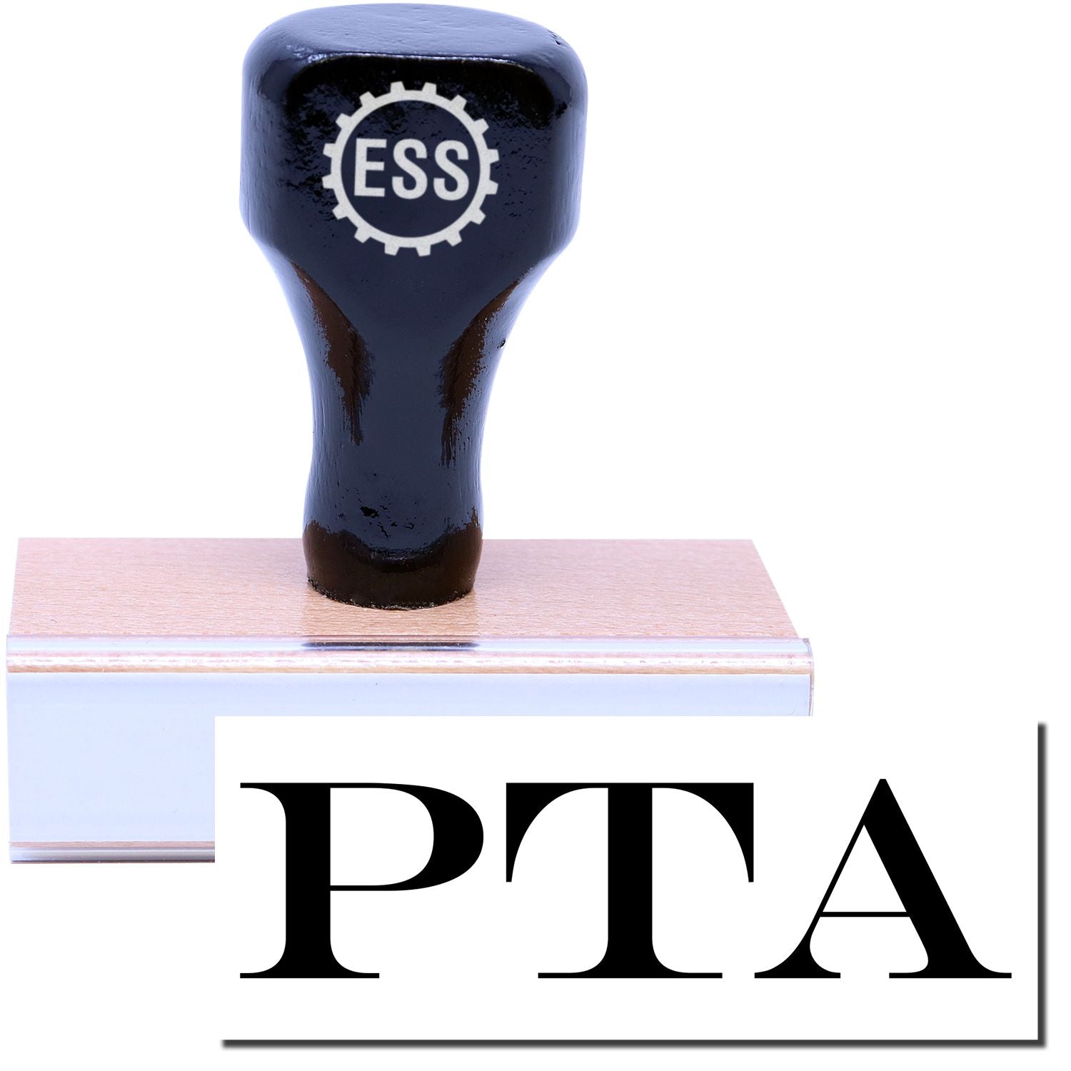 A stock office rubber stamp with a stamped image showing how the text "PTA" in a large font is displayed after stamping.