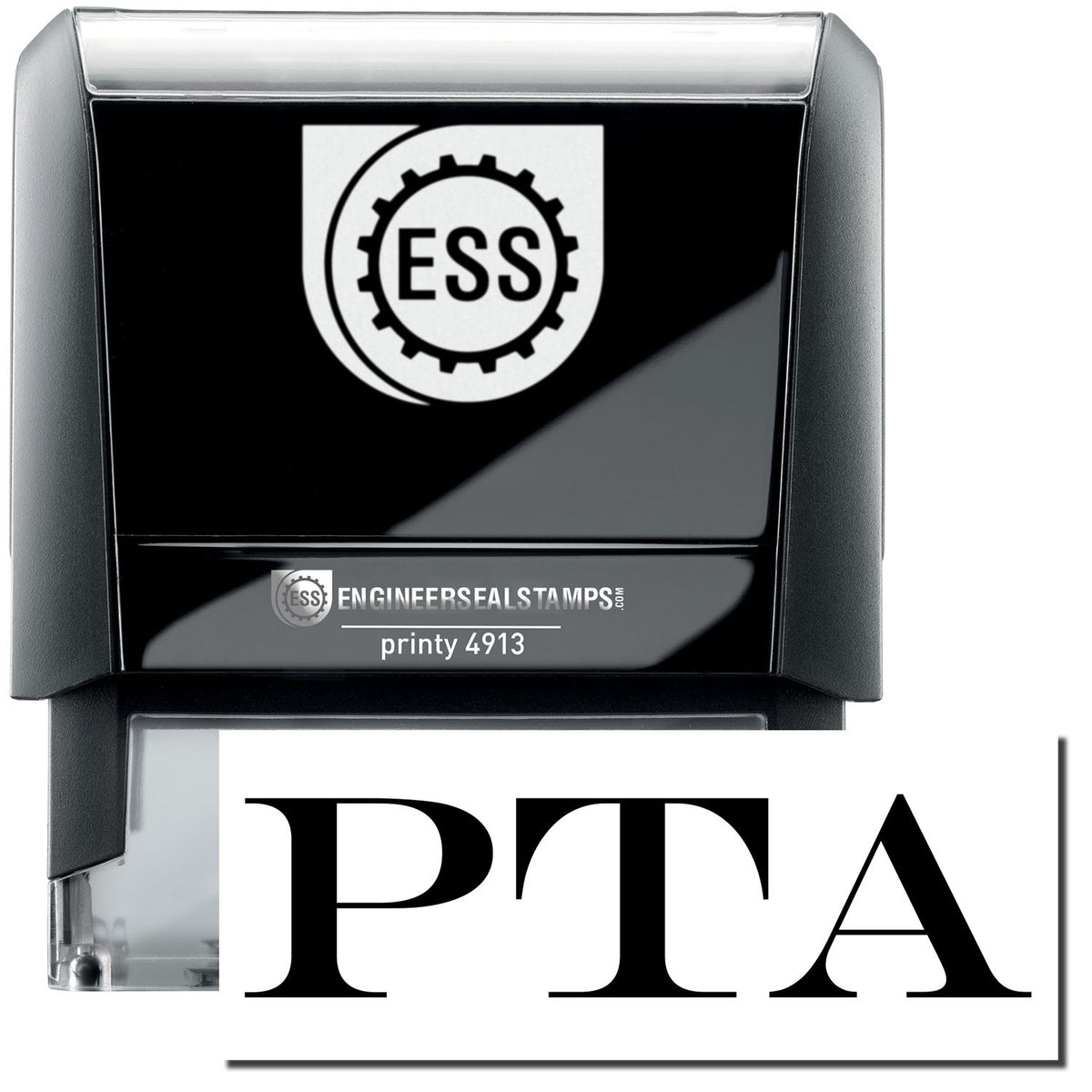 A self-inking stamp with a stamped image showing how the text &quot;PTA&quot; in a large bold font is displayed by it.