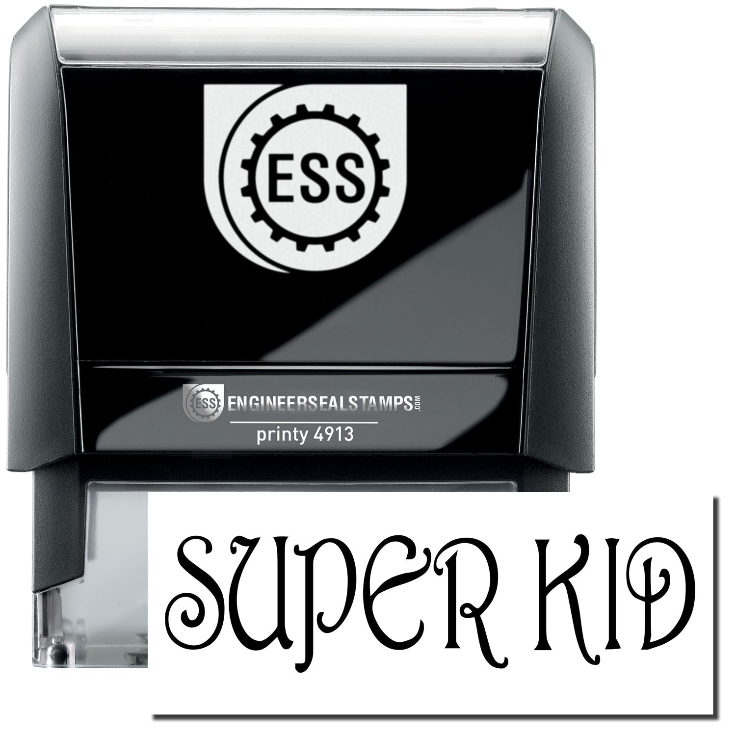 A self-inking stamp with a stamped image showing how the text "SUPER KID" in a large unique font is displayed by it.
