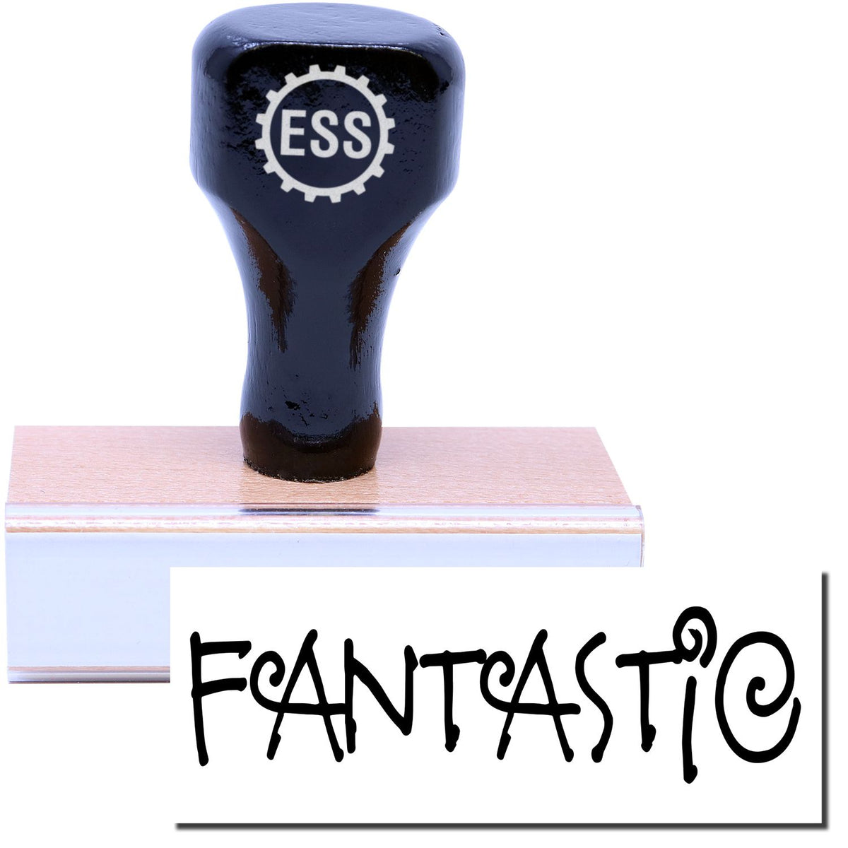 A stock office rubber stamp with a stamped image showing how the text &quot;FANTASTIC&quot; in a large font is displayed after stamping.