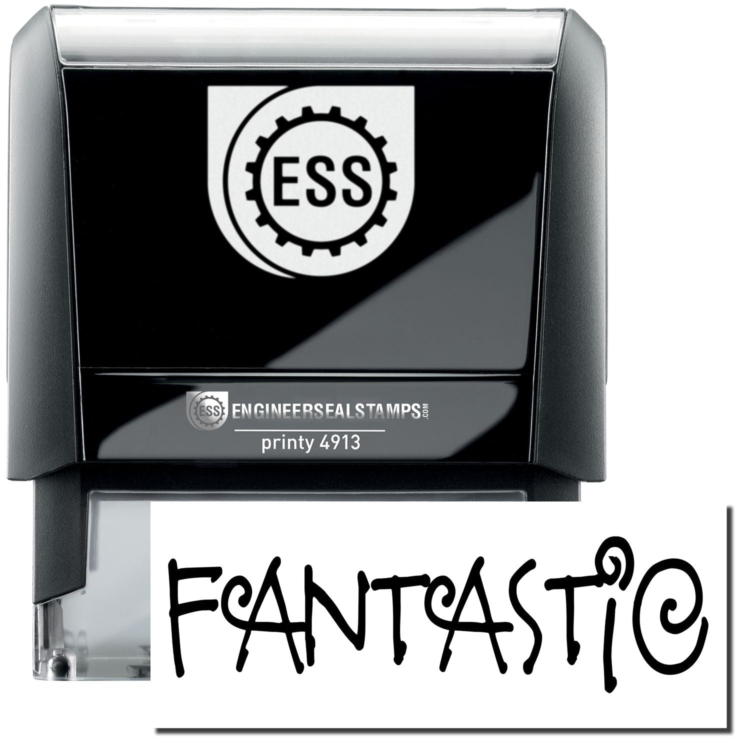 A self-inking stamp with a stamped image showing how the text "FANTASTIC" in a large unique font is displayed by it.