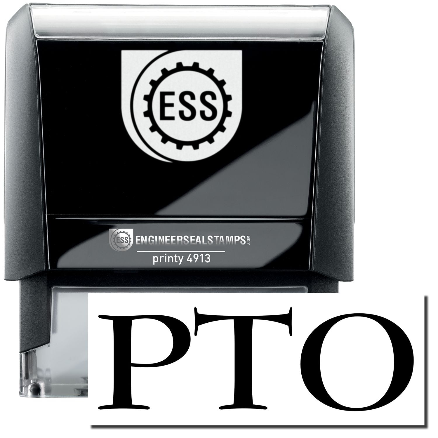 A self-inking stamp with a stamped image showing how the text PTO in a large bold font is displayed by it.