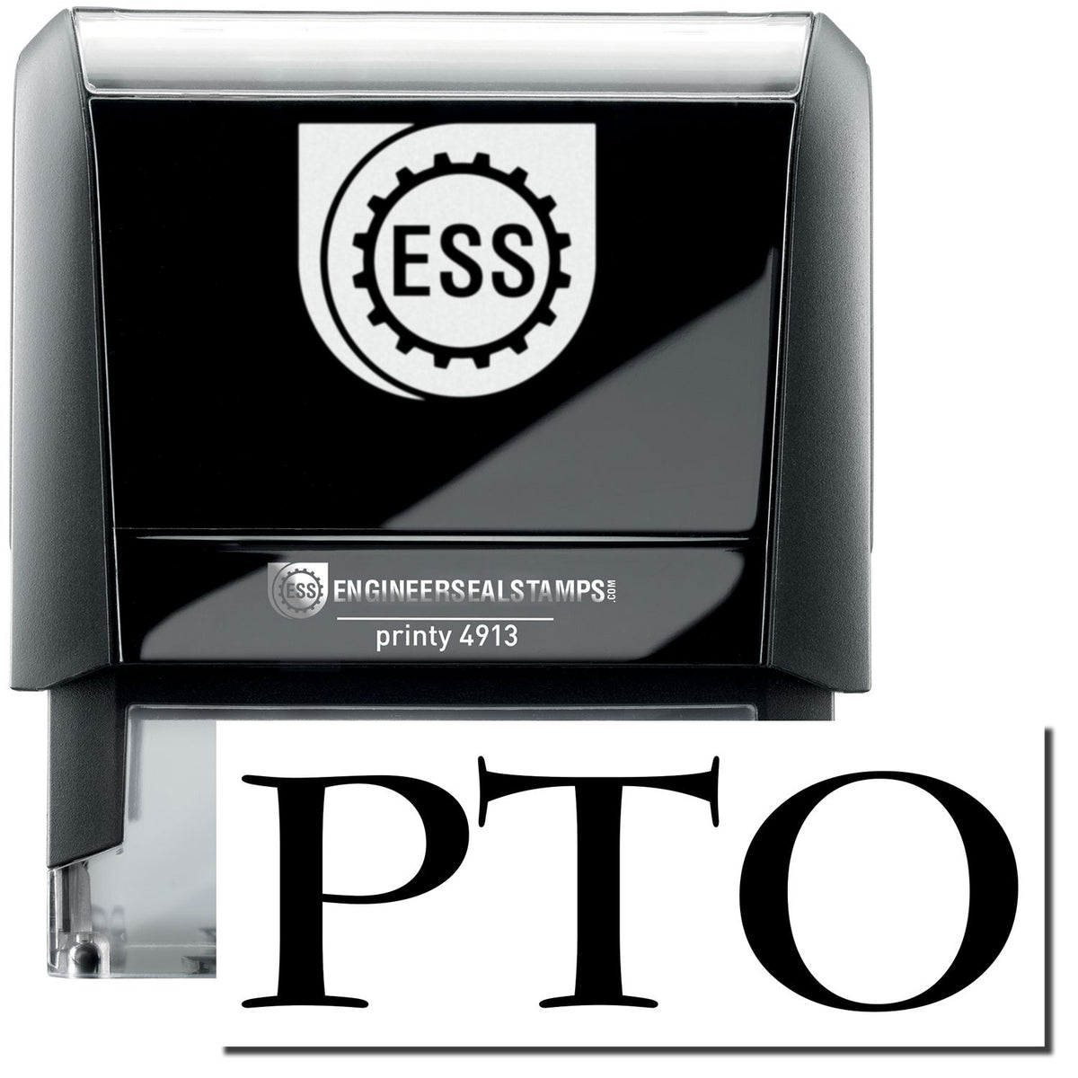 A self-inking stamp with a stamped image showing how the text &quot;PTO&quot; in a large bold font is displayed by it.