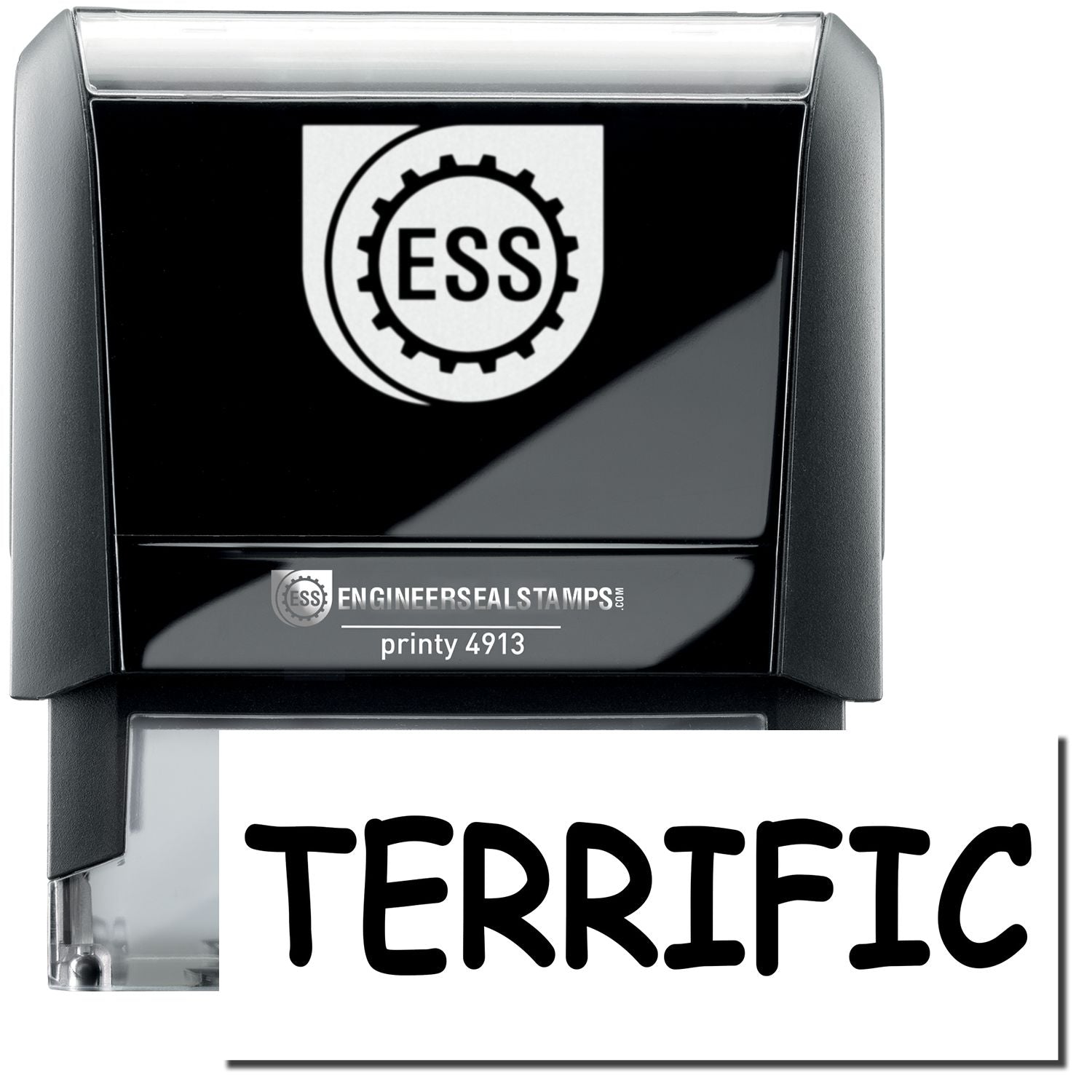 A self-inking stamp with a stamped image showing how the text "TERRIFIC" in a large bold font is displayed by it.