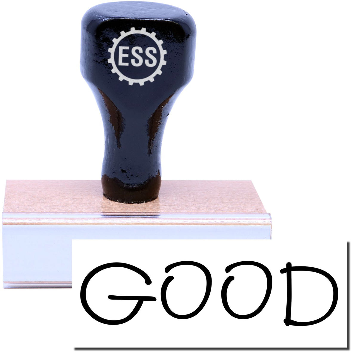A stock office rubber stamp with a stamped image showing how the text &quot;GOOD&quot; in a large font is displayed after stamping.