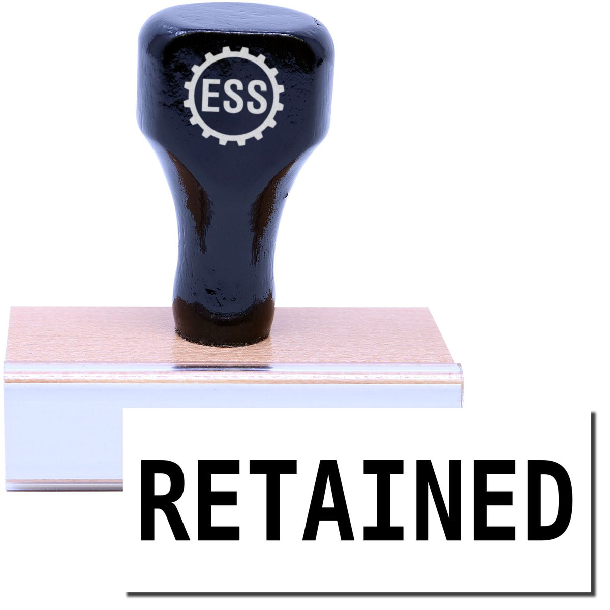 A stock office rubber stamp with a stamped image showing how the text &quot;RETAINED&quot; in a large font is displayed after stamping.