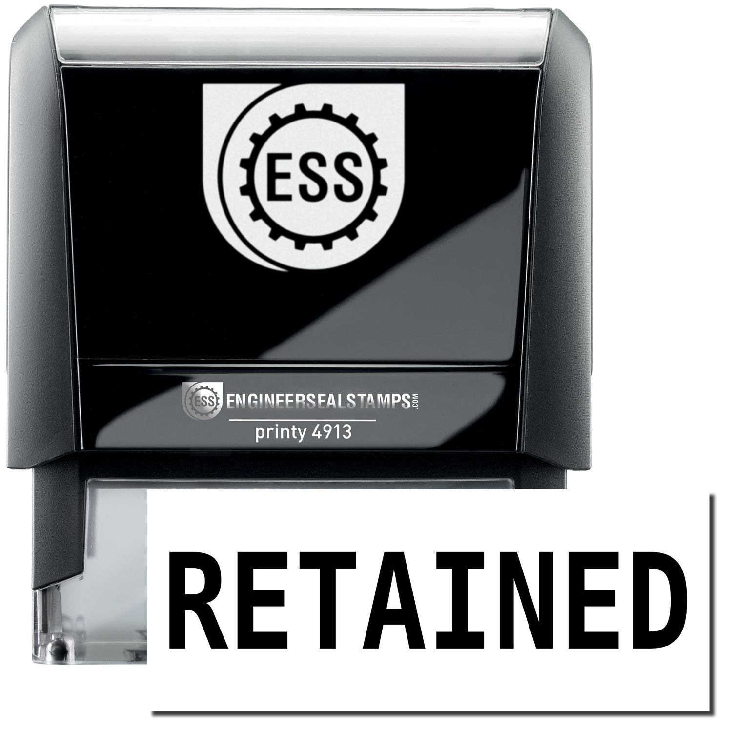 A self-inking stamp with a stamped image showing how the text RETAINED in a large bold font is displayed by it.