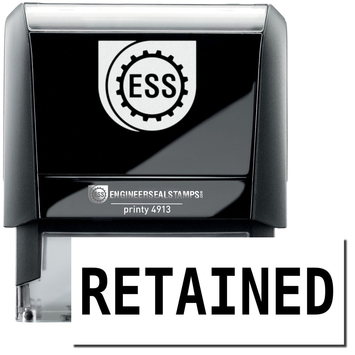 A self-inking stamp with a stamped image showing how the text &quot;RETAINED&quot; in a large bold font is displayed by it.