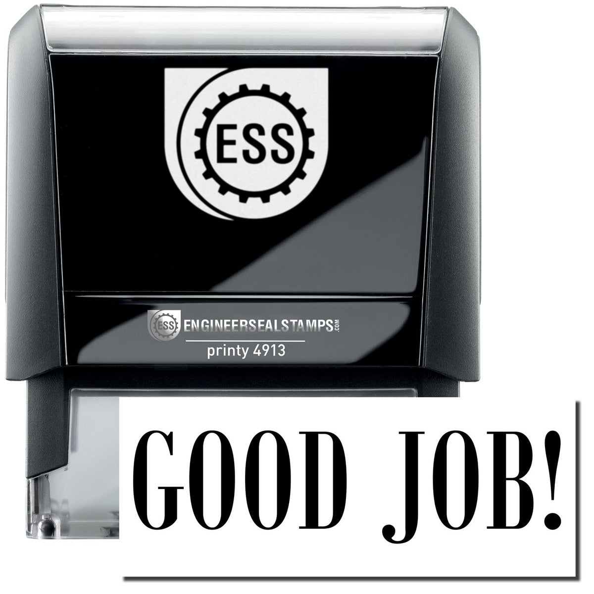 A self-inking stamp with a stamped image showing how the text &quot;GOOD JOB!&quot; in a large bold font is displayed by it.