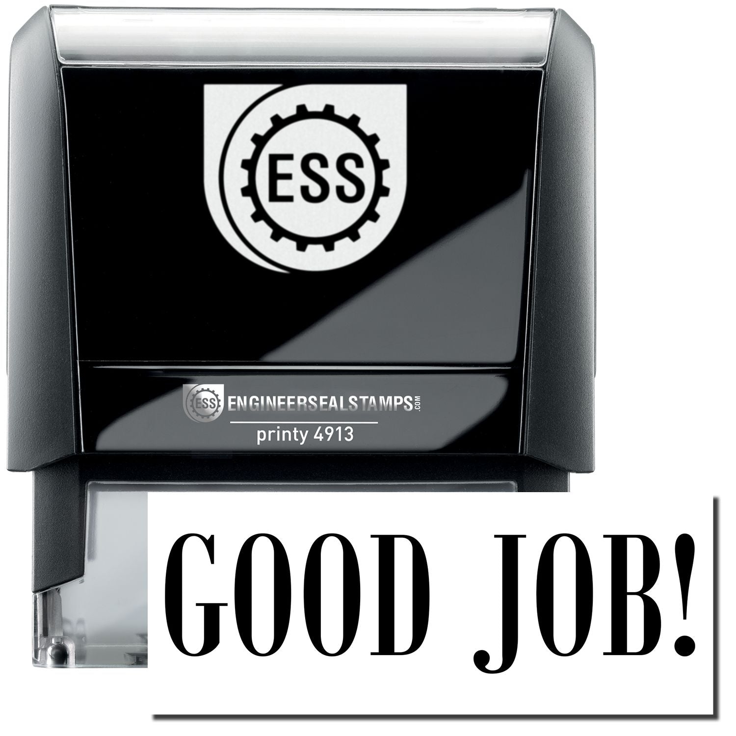 A self-inking stamp with a stamped image showing how the text "GOOD JOB!" in a large bold font is displayed by it.