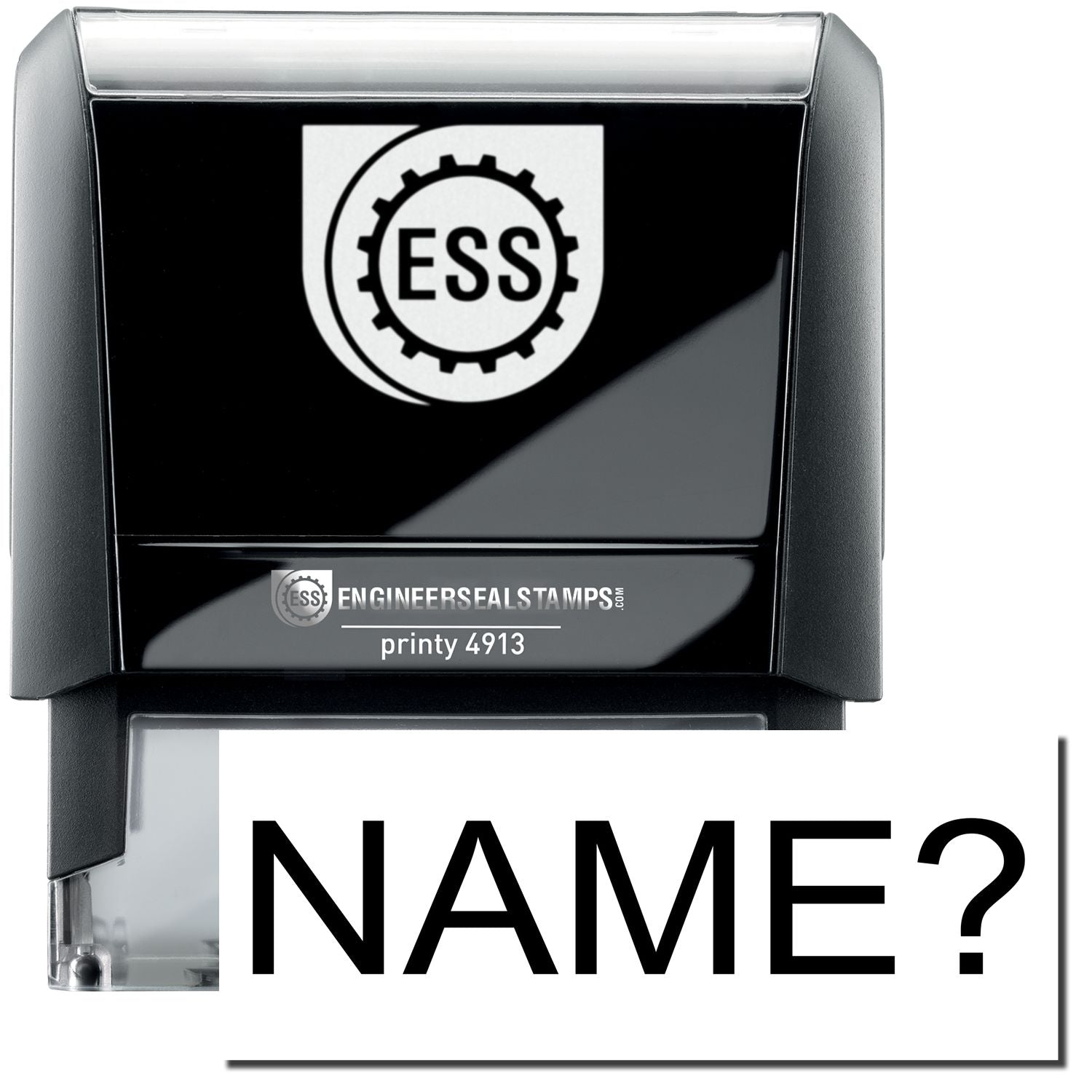 A self-inking stamp with a stamped image showing how the text NAME? in a large bold font is displayed by it.