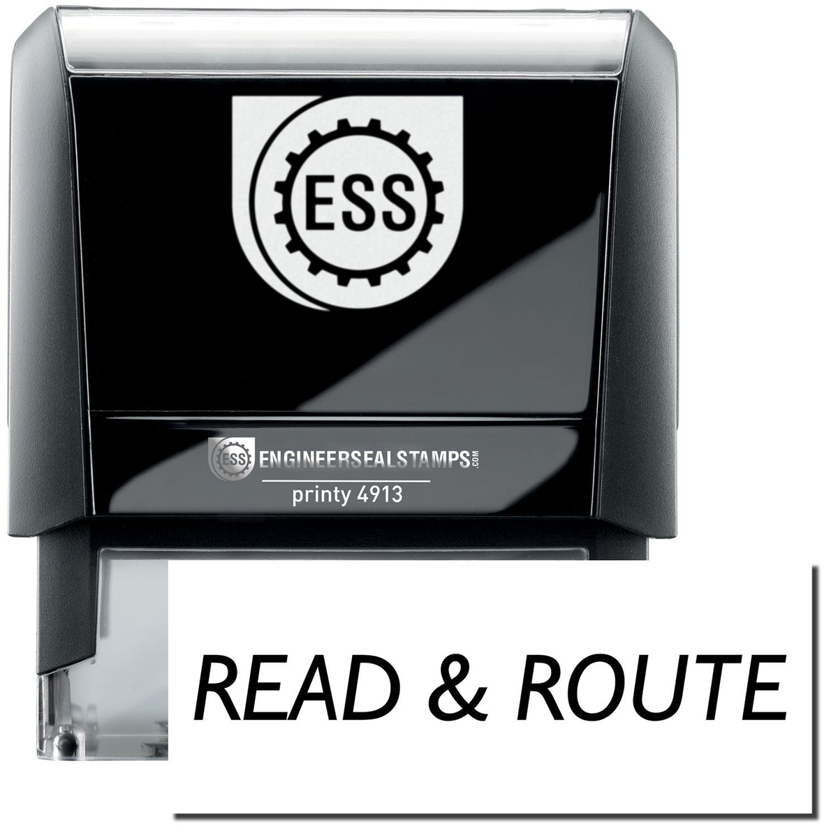 A self-inking stamp with a stamped image showing how the text &quot;READ &amp; ROUTE&quot; in a large bold font is displayed by it.