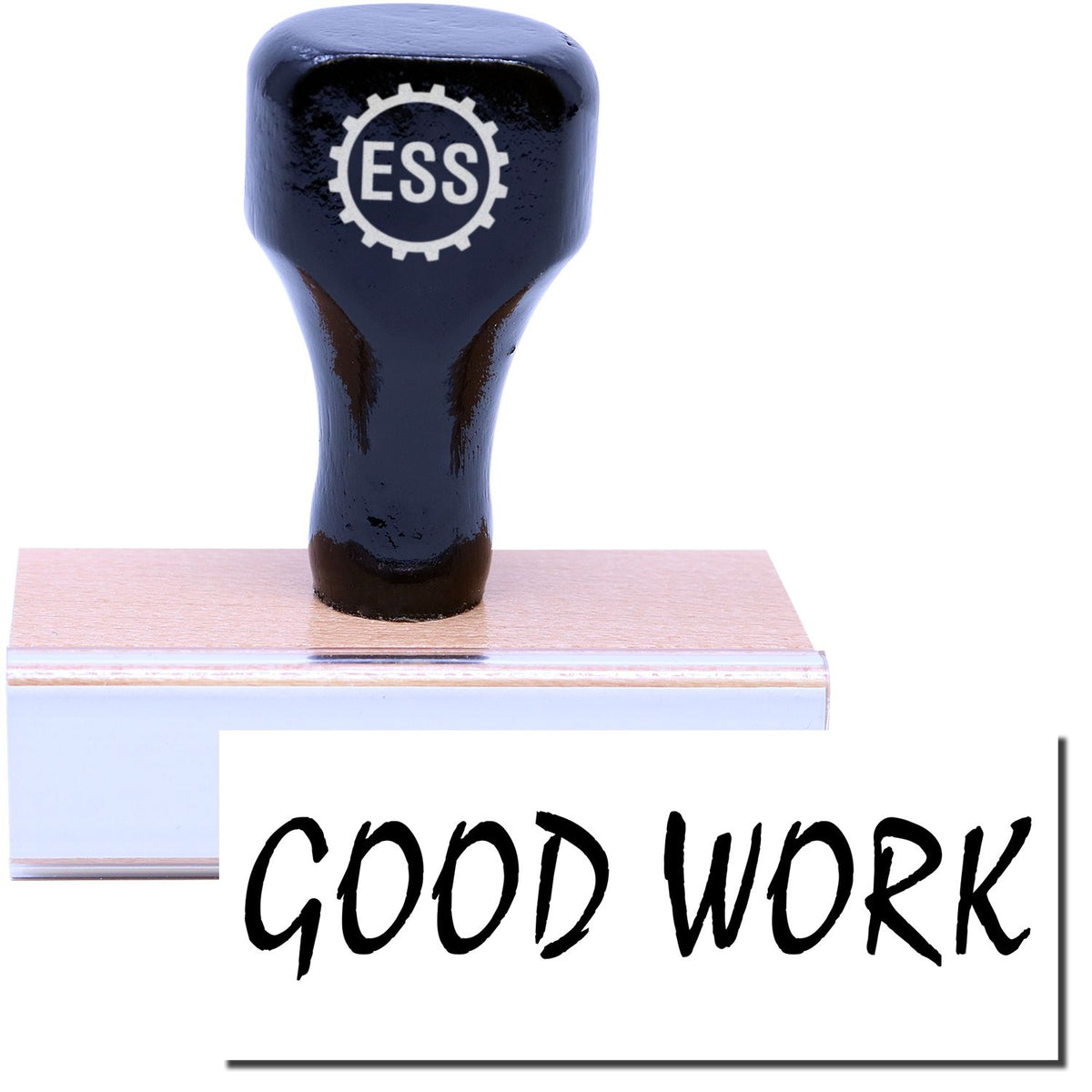 A stock office rubber stamp with a stamped image showing how the text &quot;GOOD WORK&quot; in a large font is displayed after stamping.